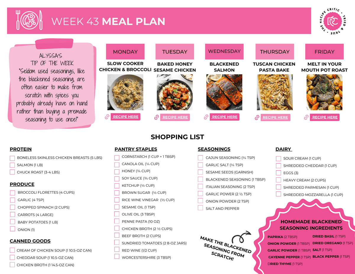If dinner planned itself, life would be easy. Until then—this week’s meal plan has your back with simple, tasty meals (and yes, leftovers count as winning!). A pdf of a shopping list and a meal plan.