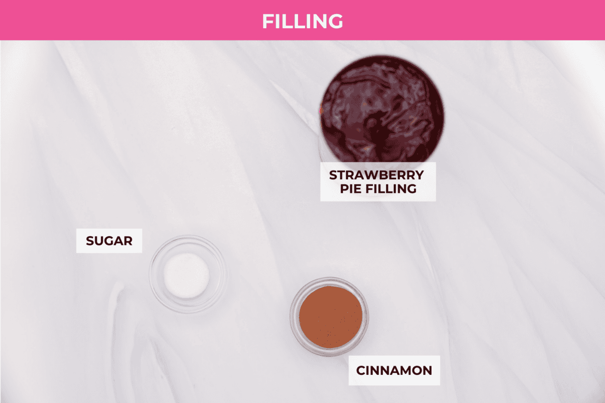 Strawberry cinnamon rolls are going to become a tradition in your house after you make these! The secret is the freeze-dried strawberries mixed with the lemon zest in the glaze - the flavor is to die for! Overhead shot of labeled strawberry cinnamon roll filling ingredients.