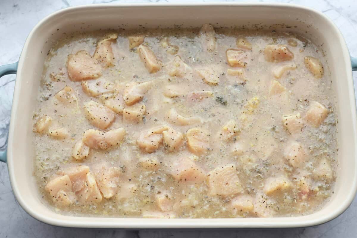 You guys love lemon chicken anything—and honestly, same. So I had to give you this lemon chicken casserole. With my signature made from scratch lemon herb sauce, you'll want this on repeat! Seasoned chicken added to the baking dish.