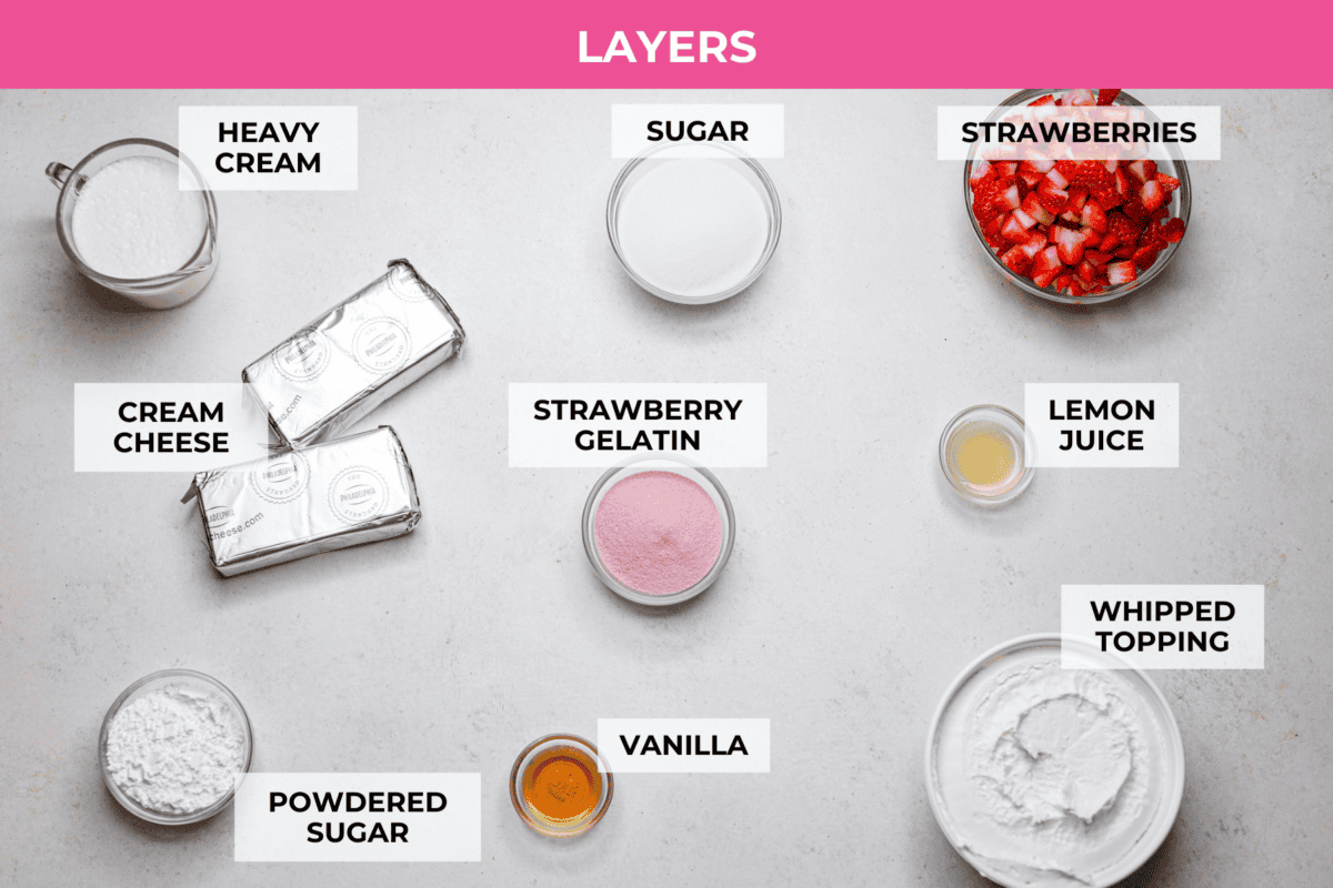 My Strawberry Delight is the ultimate summer showstopper! Buttery crust, juicy strawberries, sweet jello, and fluffy topping—one bite and everyone’s hooked. Overhead shot of labeled strawberry delight layers ingredients.