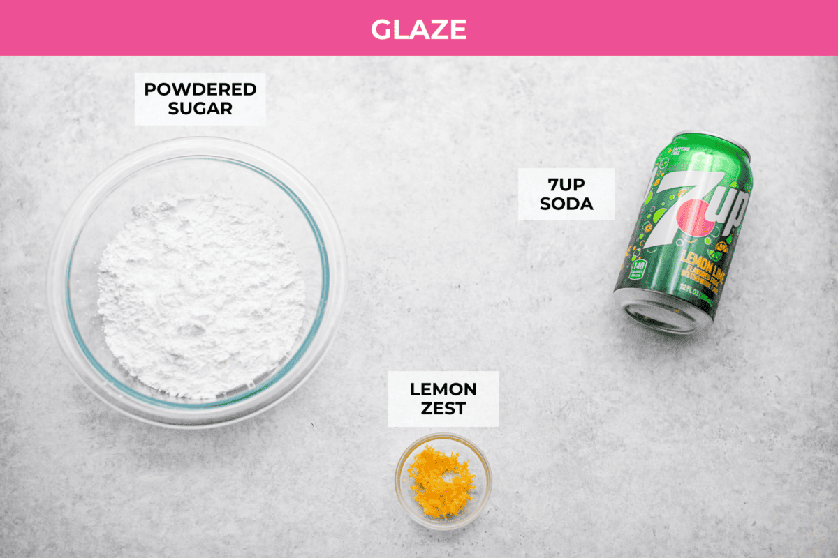 This 7UP Bundt Cake has a buttery texture with a hint of citrusy sweetness. The carbonation in 7UP lifts the batter for a light, fluffy crumb, while the lemon-lime flavor adds a bright, refreshing twist to every bite. Overhead shot of labeled ingredients.