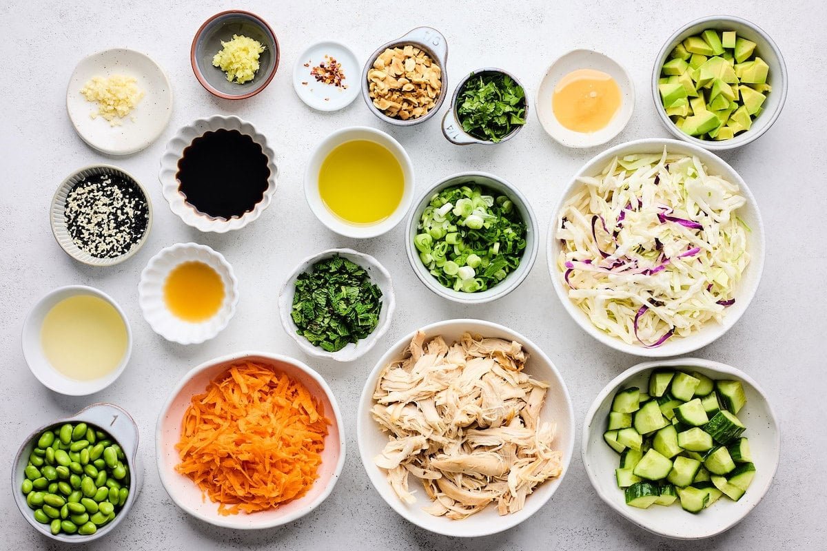 ingredients in bowls to make Asian Chicken Salad. 