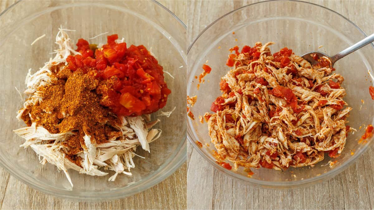 Baked Chicken Tacos are a fast and delicious 30-min meal with shredded chicken over cheesy, crisp tortillas - just add your favorite toppings! How to make Mexican filling with protein, seasoning and Rotel