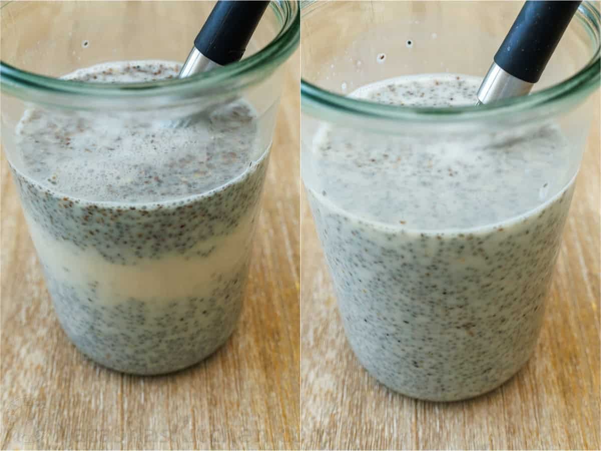 Chia Seed Pudding uses only 3 ingredients to make a delicious and filling breakfast you can prep ahead. Add toppings for the perfect bite. side-by-side photos of how to mix overnight breakfast recipe with a whisk