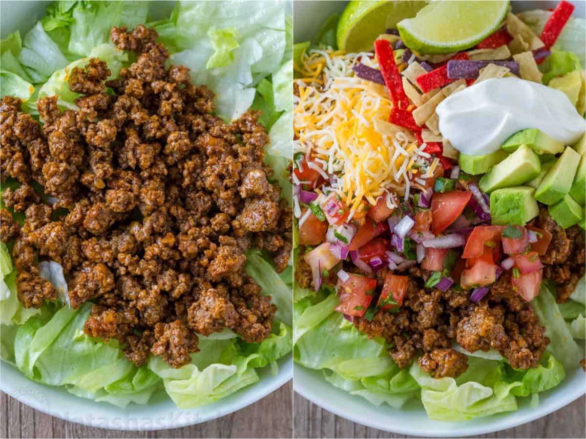 Fresh and easy Taco Salad is loaded with beef, crisp lettuce, veggies, and toppings. Easy 30-minute Taco Salad - perfect for Taco Tuesdays! Assembling taco salad step by step over lettuce