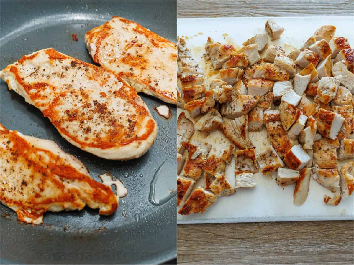 This Chicken Orzo Bake is an easy casserole that's creamy and cheesy. Mix it right in the dish, top it with cheese, and bake! Easy meal prep! How to cook chopped chicken breasts in a skillet