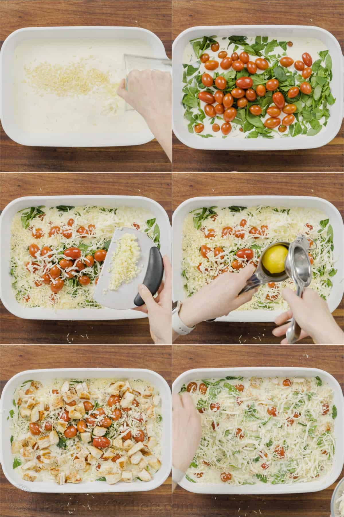 This Chicken Orzo Bake is an easy casserole that's creamy and cheesy. Mix it right in the dish, top it with cheese, and bake! Easy meal prep! Step-by-step photos for making chicken pasta casserole with cream, spinach, tomatoes, lemon, chicken, mozzarella cheese and parmesan cheese in a white dish