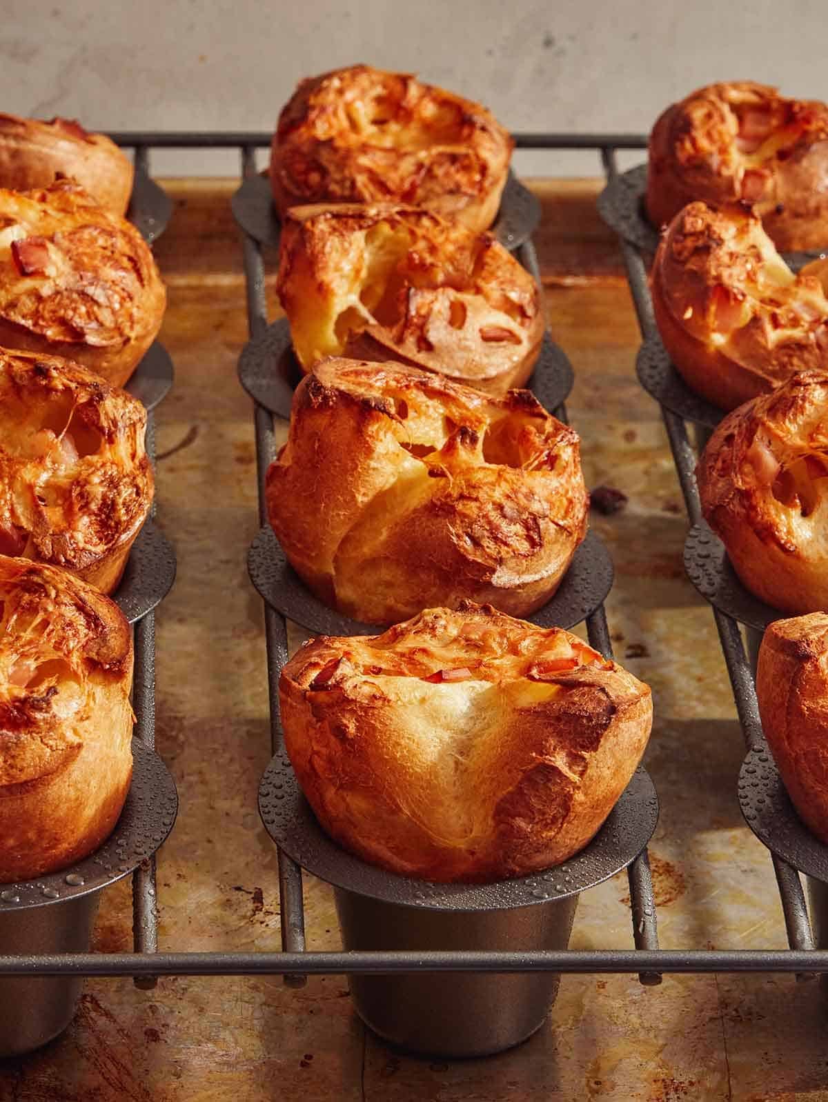Popovers fresh out of the oven in a popover pan.