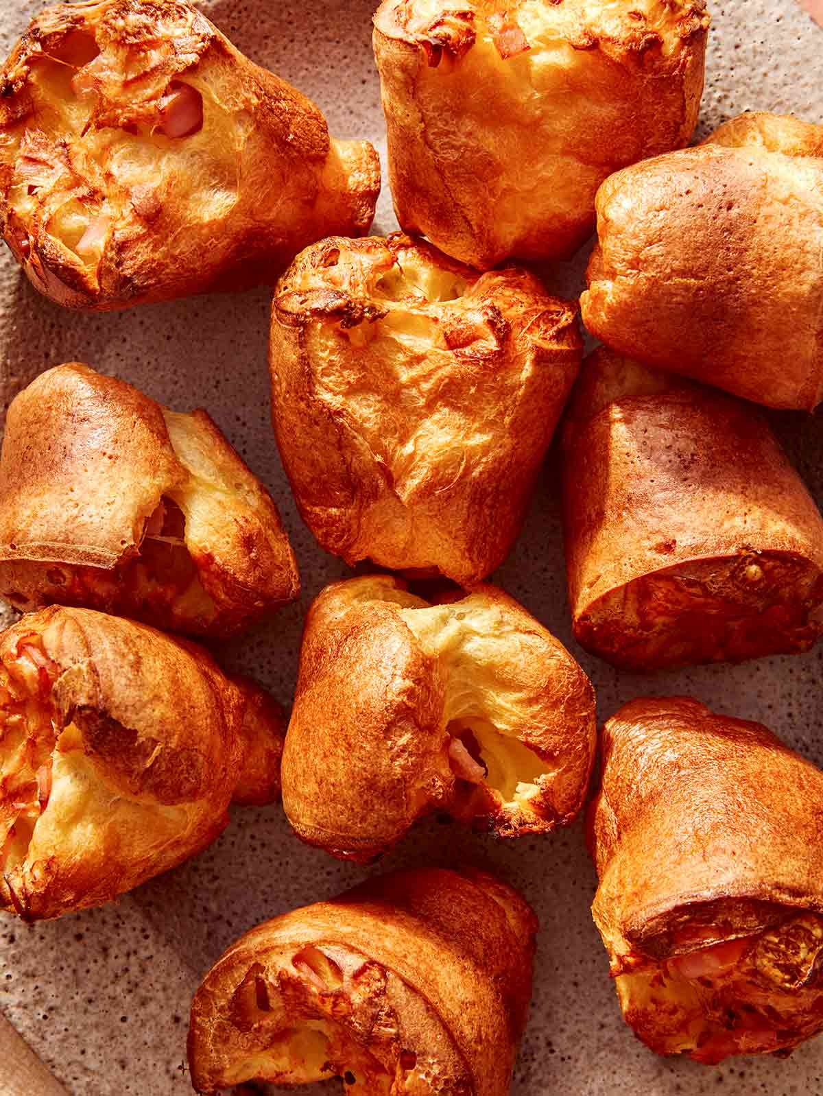 Close up shot of popovers overhead on a platter.