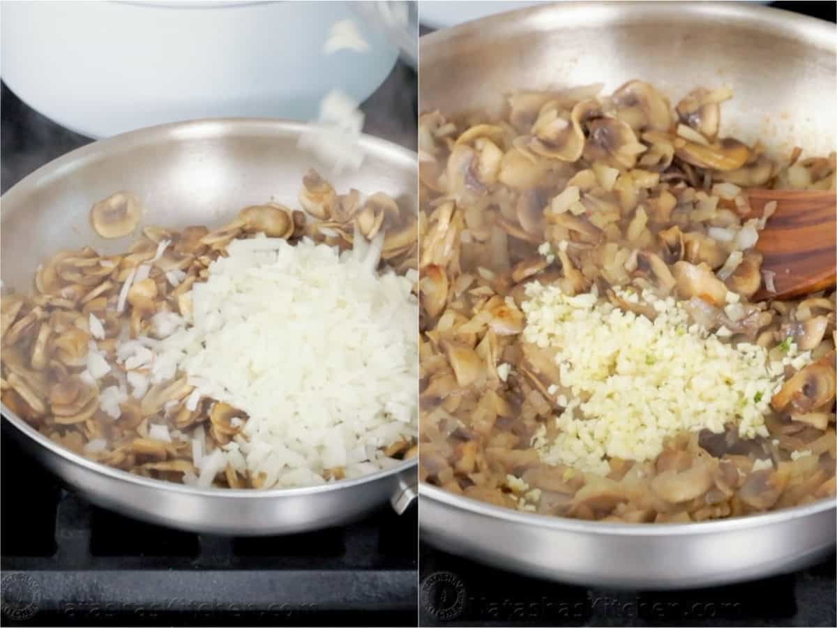 Chicken Tetrazzini is a cheesy, creamy chicken pasta bake that will have your family refilling their bowls! Make this easy casserole today! Cooking mushrooms, onions and garlic in a saute pan