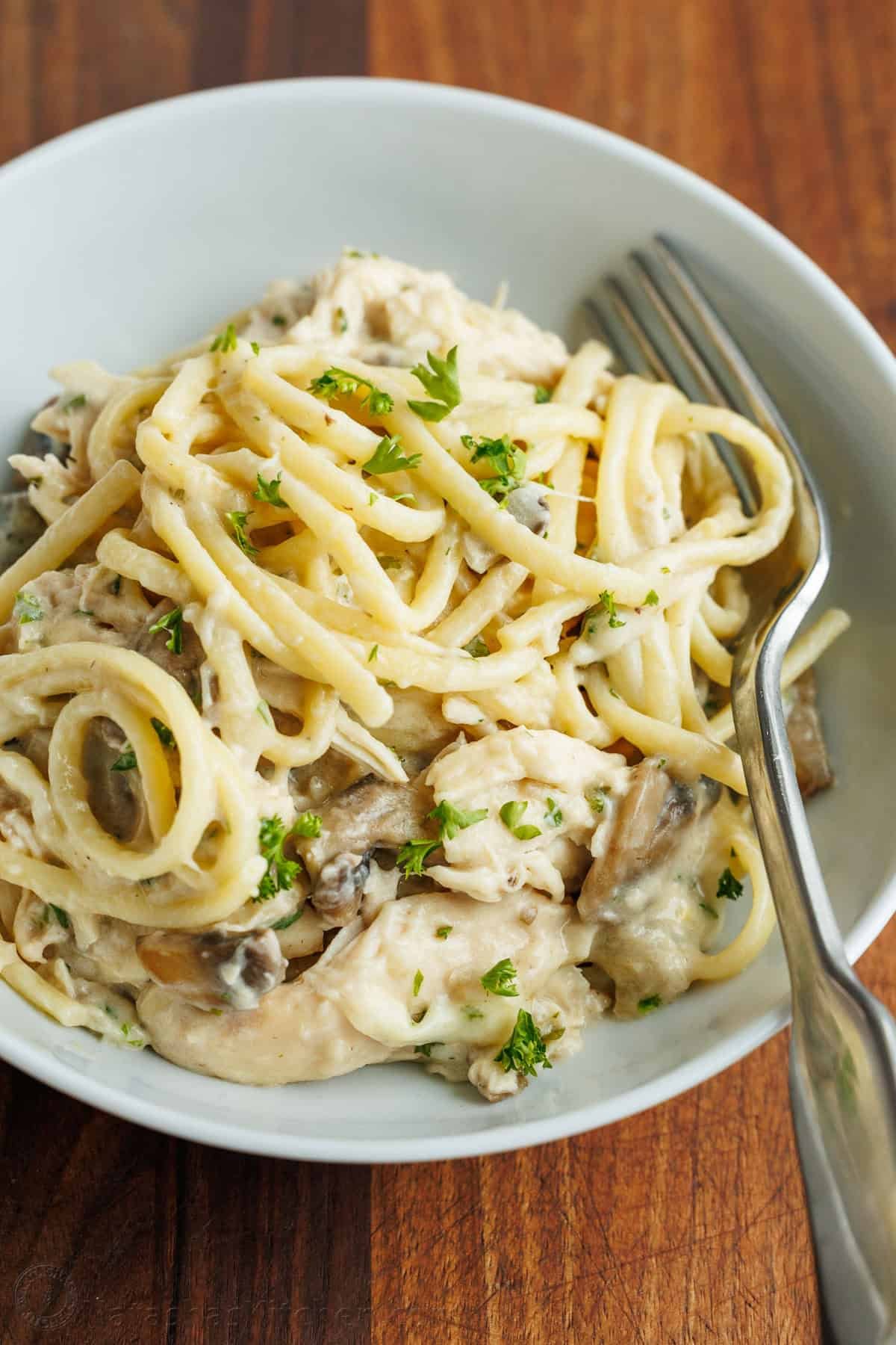 Chicken Tetrazzini is a cheesy, creamy chicken pasta bake that will have your family refilling their bowls! Make this easy casserole today! A serving of chicken tetrazzini in a white bowl with a fork
