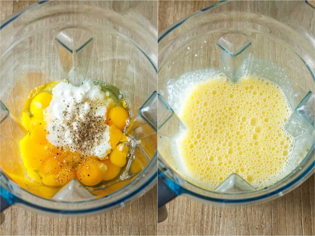 My Cottage cheese egg bites are as good as Starbucks egg bites recipe, but with less hassle! Choose your favorite mix-ins to make them yours. Mixing batter for cottage cheese egg muffins in a blender