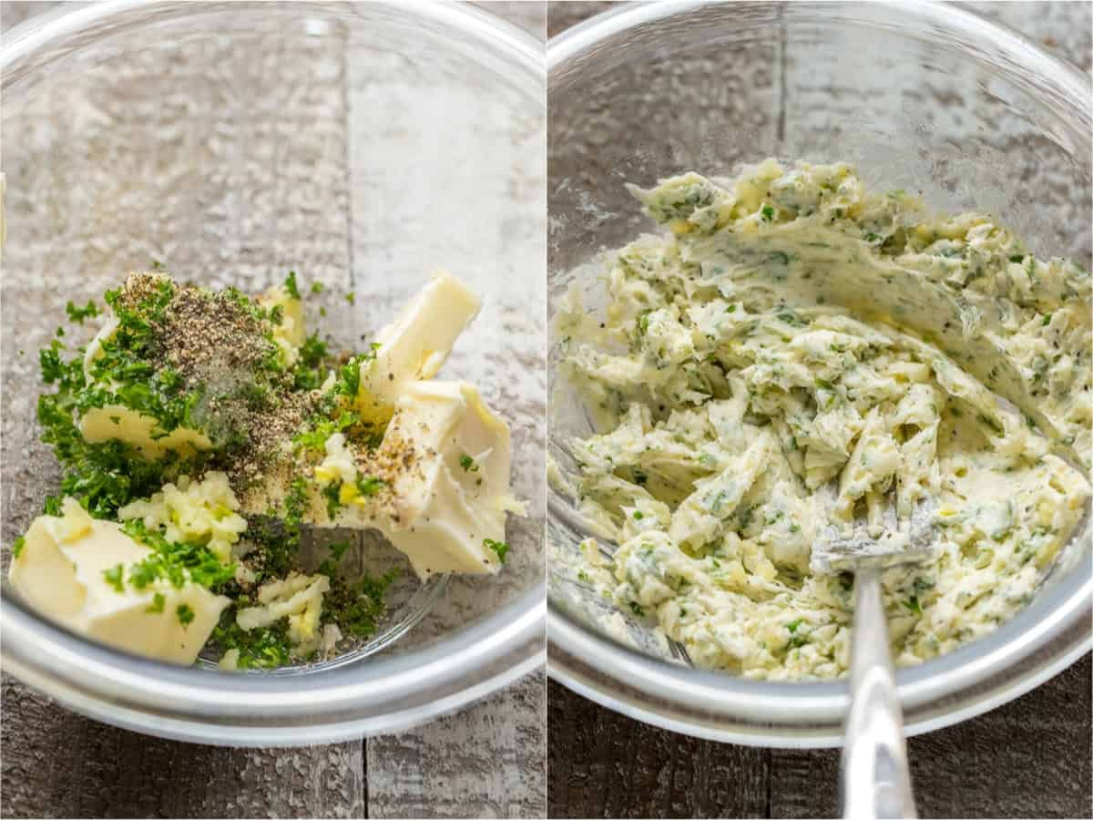 Before and after photos on How to make herbed butter in a clear bowl