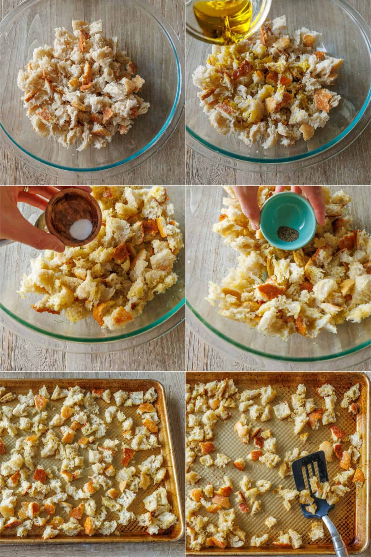 Step-by-step instructions for how to make Homamde Sourdough Croutons. Step-by-step photos showing How to Make Sourdough Croutons. Tear bread into 1 inch chunks, toss in olive oil, season with salt, season with pepper, bake until crisp, serve over salad or soup.