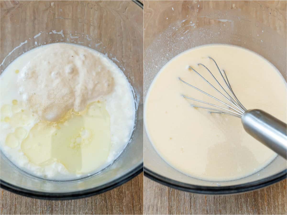 Overnight Sourdough Pancakes are easy! Mix everything before bed, leave at room temp overnight, and wake up to bubbly, ready-to-cook pancake batter. Combining wet ingredients in a mixing bowl for sourdough pancake batter