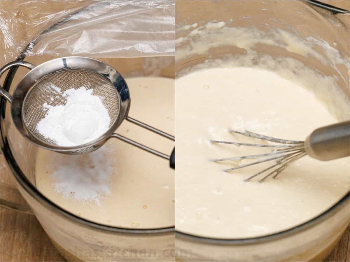 Overnight Sourdough Pancakes are easy! Mix everything before bed, leave at room temp overnight, and wake up to bubbly, ready-to-cook pancake batter. Adding leavening to sourdough pancake batter and whisking together