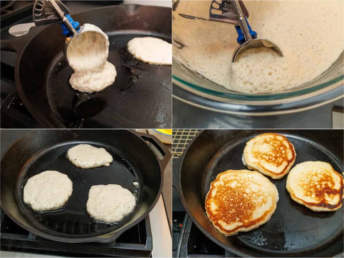 How to make Sourdough Pancakes step by step in a hot cast iron skillet How to Make Overnight Sourdough pancakes using a trigger-release ice cream scoop to pour evenly sized servings of sourdough pancake batter into the skillet. This photo collage shows the steps of making pancakes from batter to golden brown pancakes ready to serve.