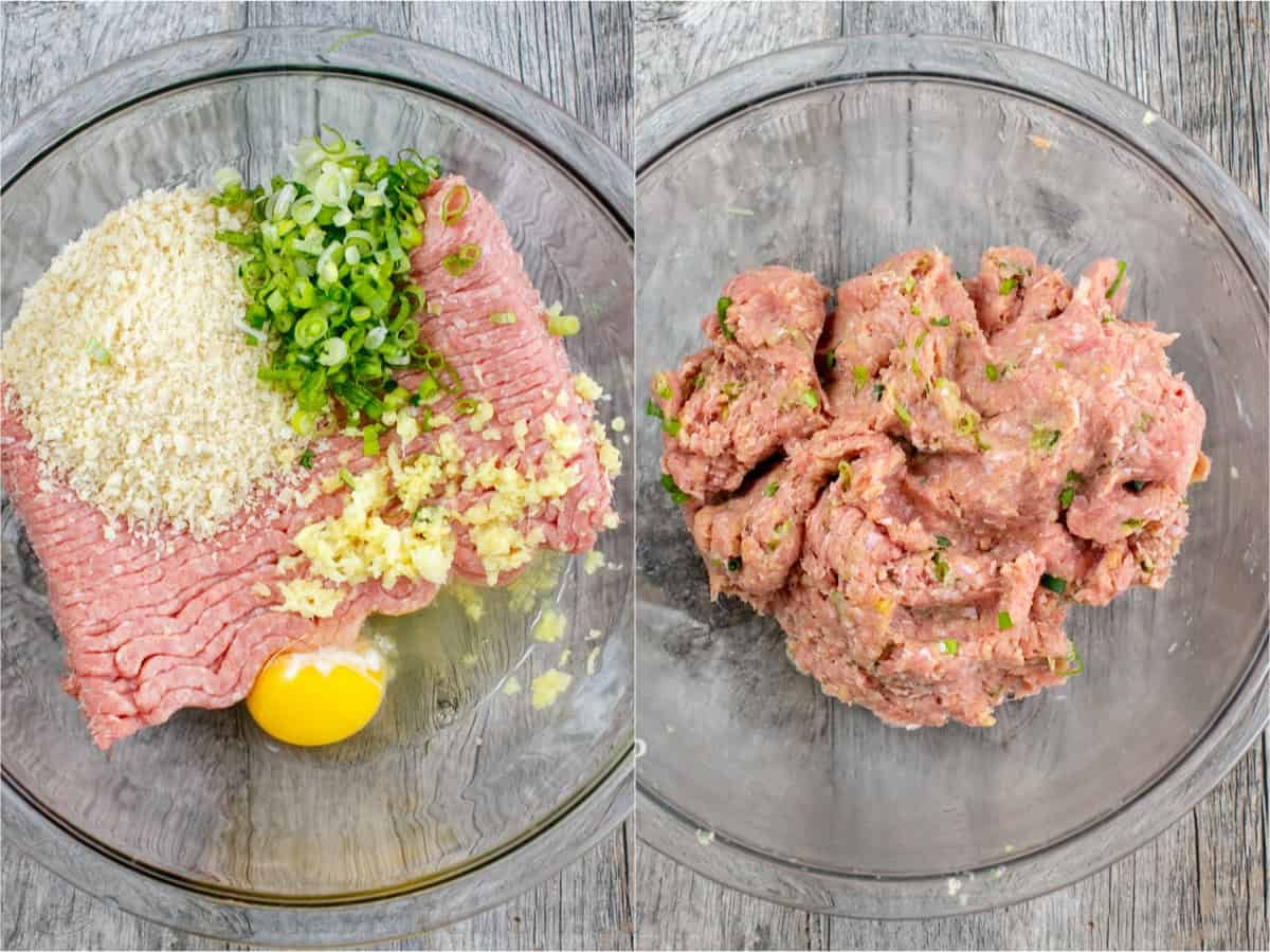 30-minute Turkey Teriyaki Meatballs are just as juicy with less guilt! Simply bake the meatballs and cover them with homemade teriyaki glaze. ground turkey in a mixing bowl with panko, green onions, garlic and egg