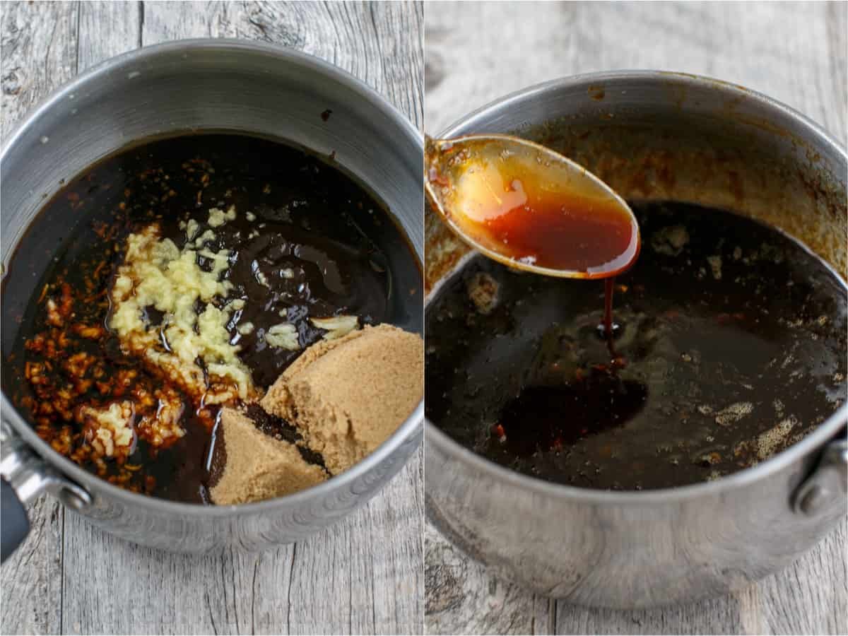 30-minute Turkey Teriyaki Meatballs are just as juicy with less guilt! Simply bake the meatballs and cover them with homemade teriyaki glaze. before and after photos of how to make teriyaki sauce in a sauce pot