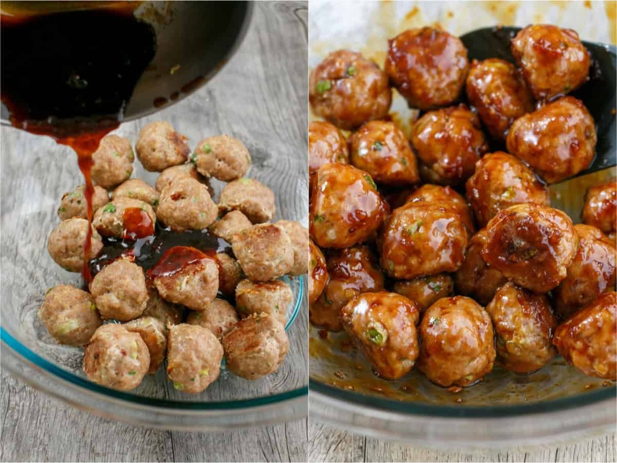 30-minute Turkey Teriyaki Meatballs are just as juicy with less guilt! Simply bake the meatballs and cover them with homemade teriyaki glaze. Pouring Asian sweet-savory glaze over cooked turkey appetizer