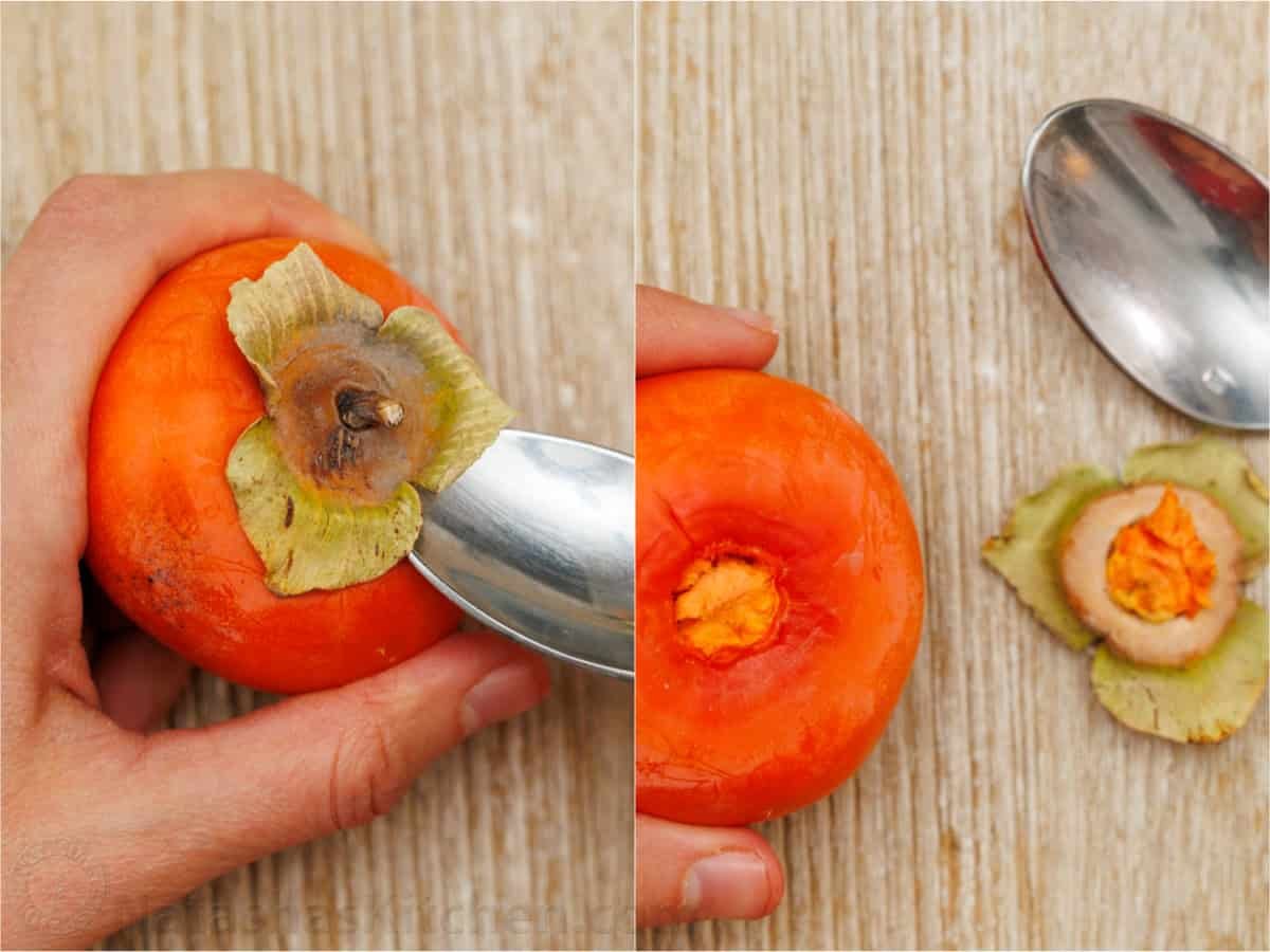 My persimmon Salad recipe features fresh fruit, crunchy toasted pepitas, tangy goat cheese, and a maple vinaigrette. Festive for any holiday! How to eat a persimmon by removing the top with a spoon