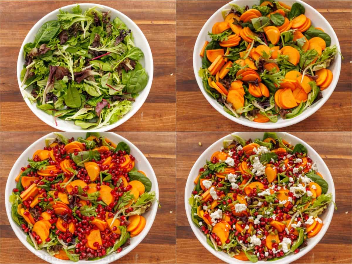 My persimmon Salad recipe features fresh fruit, crunchy toasted pepitas, tangy goat cheese, and a maple vinaigrette. Festive for any holiday! Step-by-step directions on How to make a holiday side dish with mixed greens, fruit, goat cheese and pomegranate seeds.