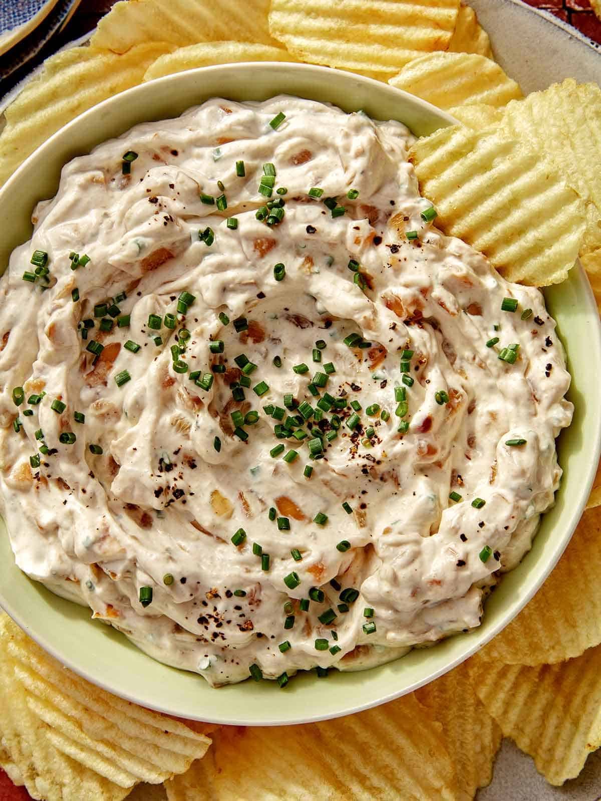 Close up shot of french onion dip.