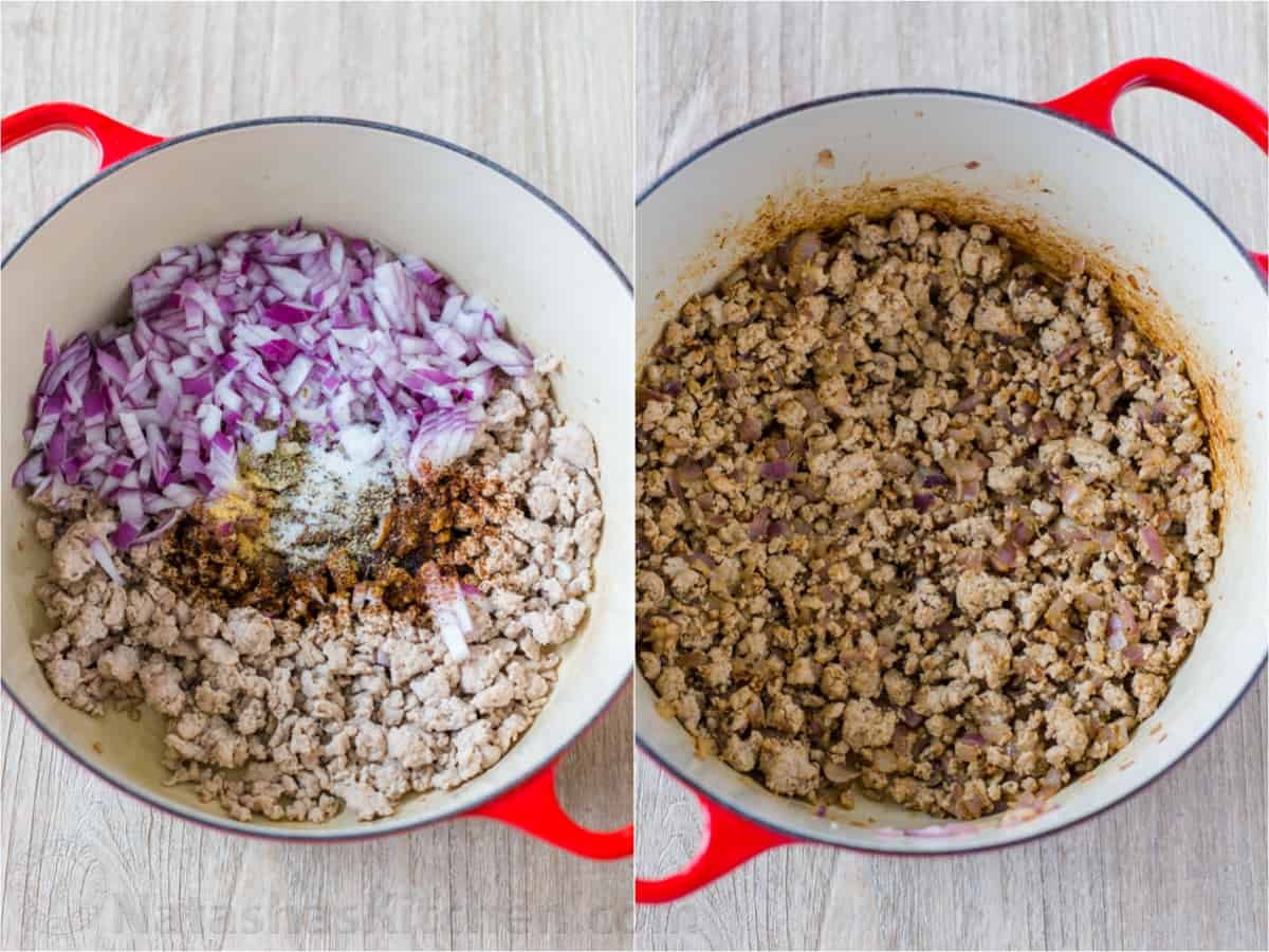 My turkey chili recipe is so easy to make in 40 minutes on the stovetop or slow cooker. Ground turkey, beans and veggies make it a favorite! Step by step how to make turkey chili - adding spices and red onions to browned ground meat in a Dutch oven