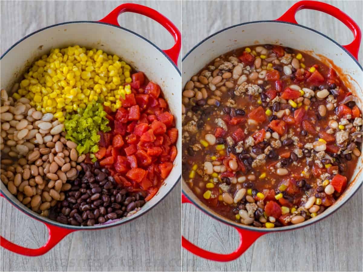 My turkey chili recipe is so easy to make in 40 minutes on the stovetop or slow cooker. Ground turkey, beans and veggies make it a favorite! How to make turkey chili collage - Mixing corn, beans and tomatoes into the ground meat in the dutch oven