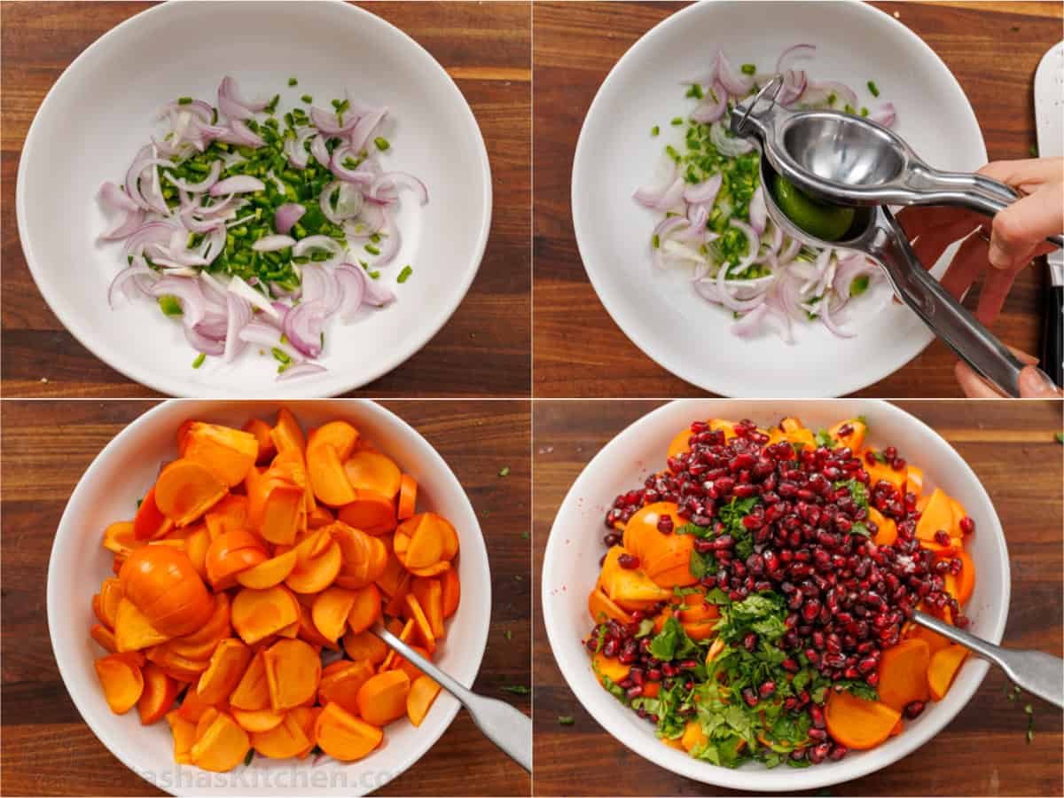 This easy persimmon pomegranate salad with lime cilantro dressing is one of the most exciting salads I've tried. It's vibrant and memorable! Step-by-step directions for making a winter fruit side dish for Thanksgiving