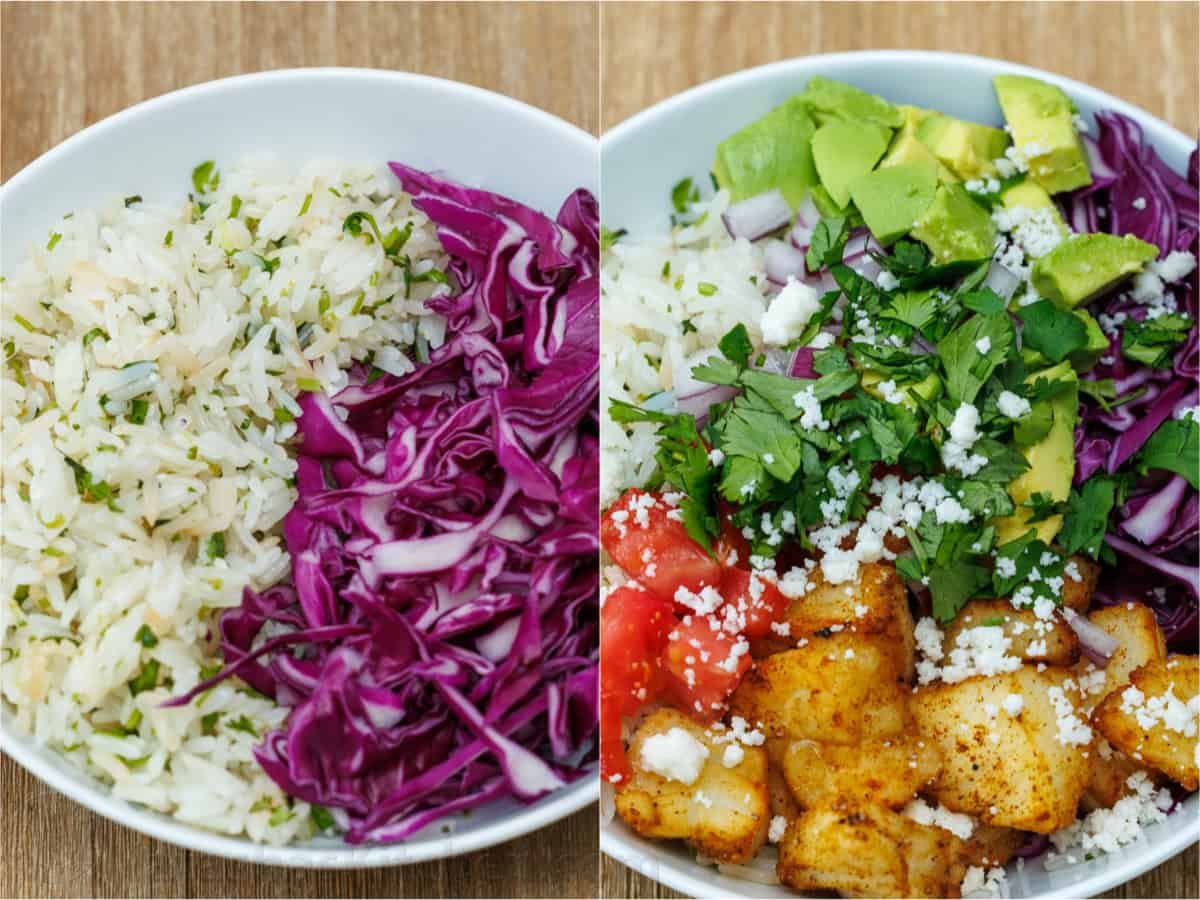 Our Fish Taco Bowl recipe is an easy taco night recipe. Mix flaky fish, Cilantro Lime Rice, toppings, and crema Sauce to serve in 30 minutes. How to make a fish taco bowl with Cilantro Lime Rice, avocado, cilantro, cabbage, tomatoes, cojita cheese and seasoned fish