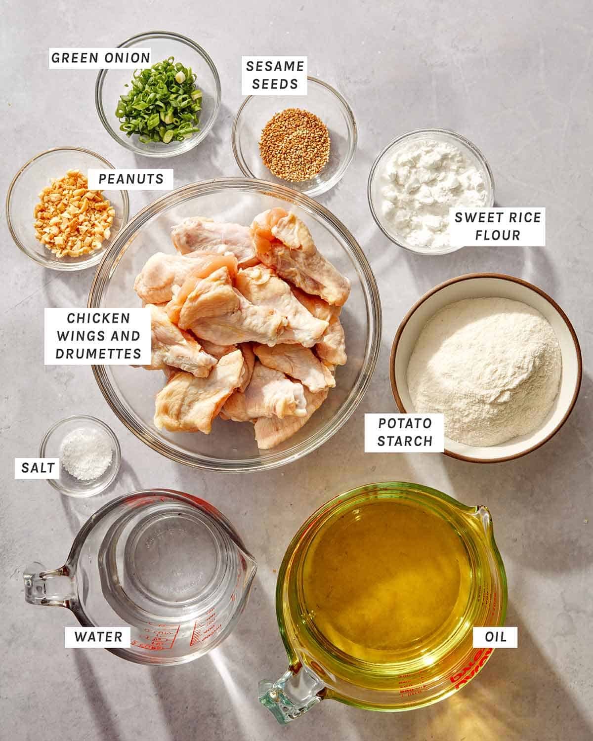 Korean fried chicken wing ingredients.