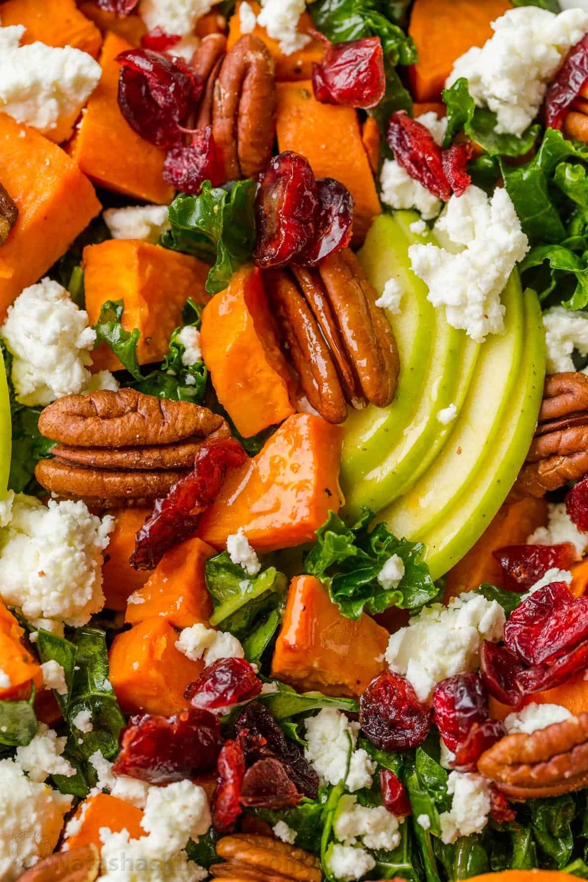 Roasted Sweet Potato Salad has all the best Fall flavors. Loaded with kale, sweet potato, apple, pecans, goat cheese, and the best dressing. Up close roasted sweet potato salad with apples, pecans, kale and goat cheese