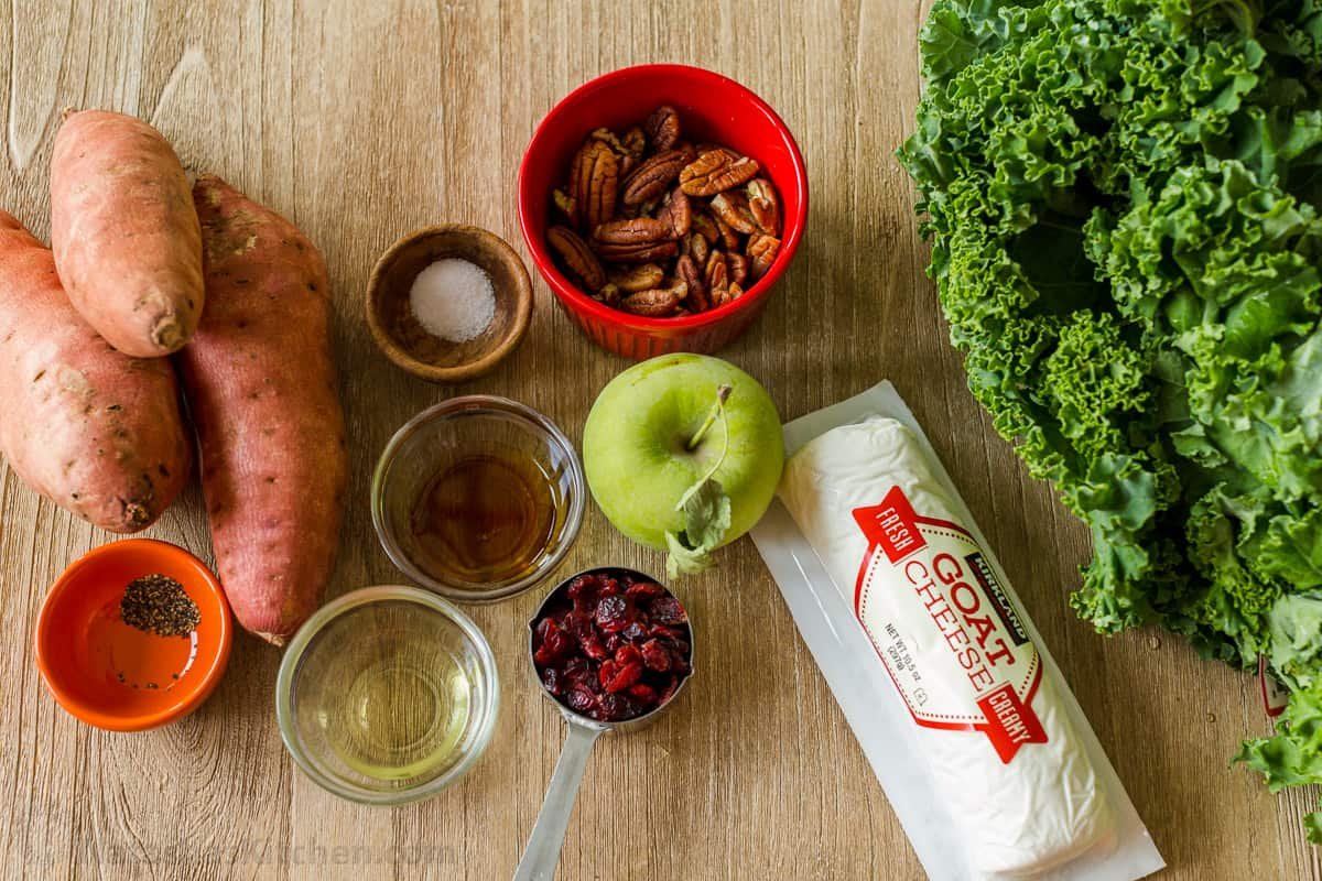 What you'll need to make sweet potato kale salad Ingredients for sweet potato salad with kale, sweet potatoes, apple, pecans and goat cheese