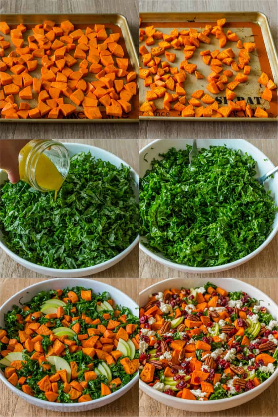 Roasted Sweet Potato Salad has all the best Fall flavors. Loaded with kale, sweet potato, apple, pecans, goat cheese, and the best dressing. Step by step how to make sweet potato salad