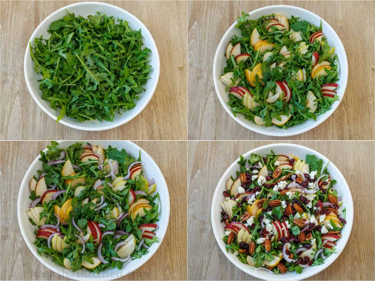 How to make Pear Salad with Balsamic Vinaigrette Step by step photos of assembling the Pear Salad with arugula, Red onion, pears, goat cheese, and dried cranberries.