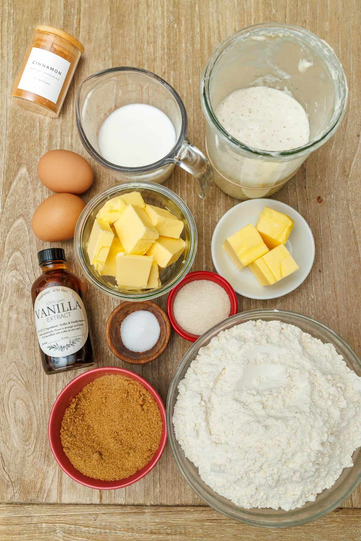 Ingredients for Sourdough Cinnamon Rolls Ingredients for Sourdough Cinnamon Rolls: For the dough, you’ll need active sourdough starter, milk, butter, vanilla extract, eggs, all-purpose flour or bread flour, granulated sugar, and fine sea salt. For the filling, unsalted butter, light brown sugar, and ground cinnamon. And for the frosting, unsalted butter, cream cheese, vanilla extract, confectioners' sugar, and sea salt.