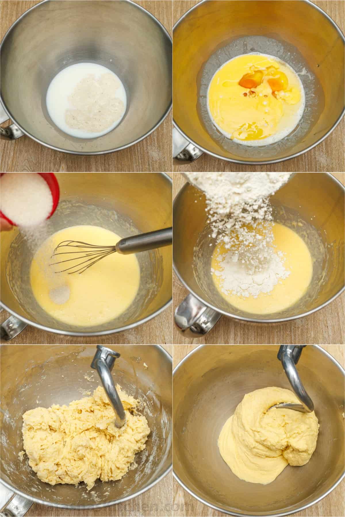 Step by step instructional photos showing how to ix and knead the dough ingredients for Sourdough Cinnamon Rolls Step by step instructional photos showing how to mix and knead the dough ingredients for Sourdough Cinnamon Rolls