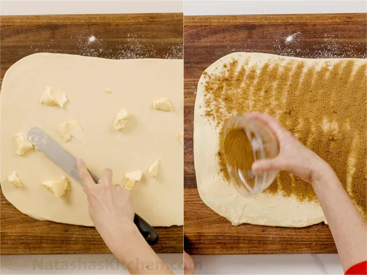 Learn how to Make Sourdough Cinnamon Rolls collage showing dotting dough with butter and sprinkling cinnamon sugar over the surface