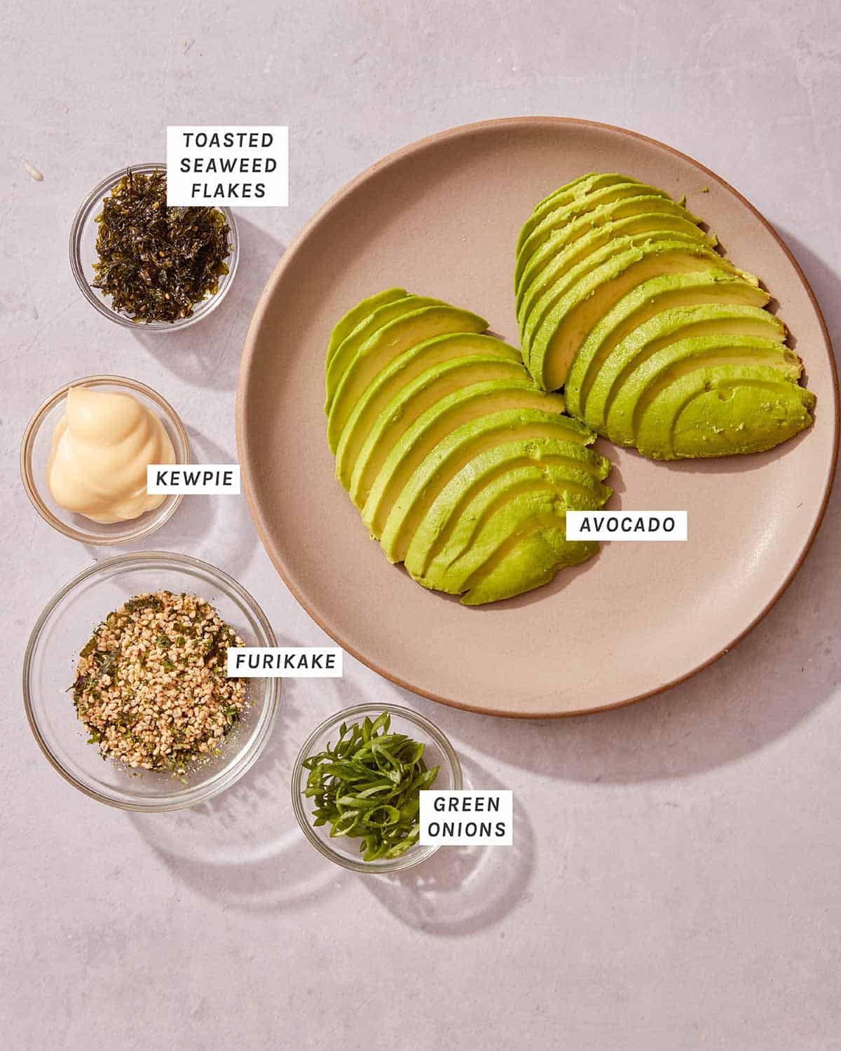 Sushi pizza topping ingredients. 