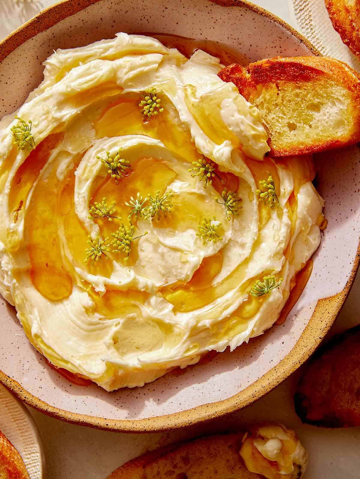 Whipped brie with honey and crostini on the side.