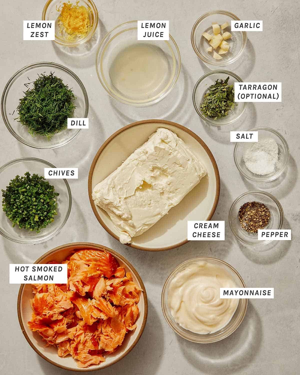 Smoked salmon dip ingredients all laid out.