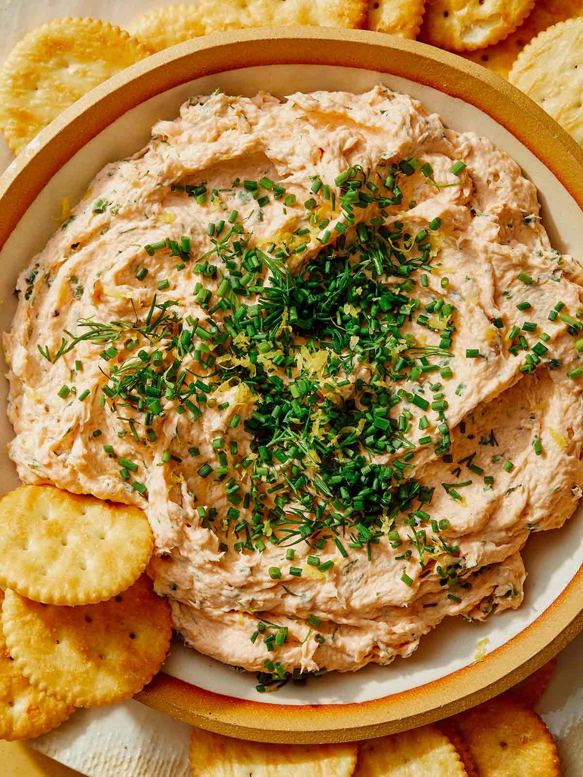Smoked salmon dip served in a bowl with crackers on the side.