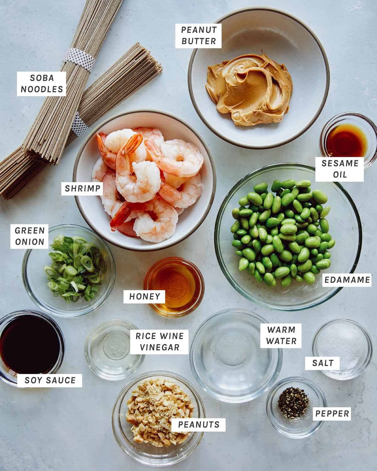 Ingredients to make soba noodles with shrimp all laid out on a counter.