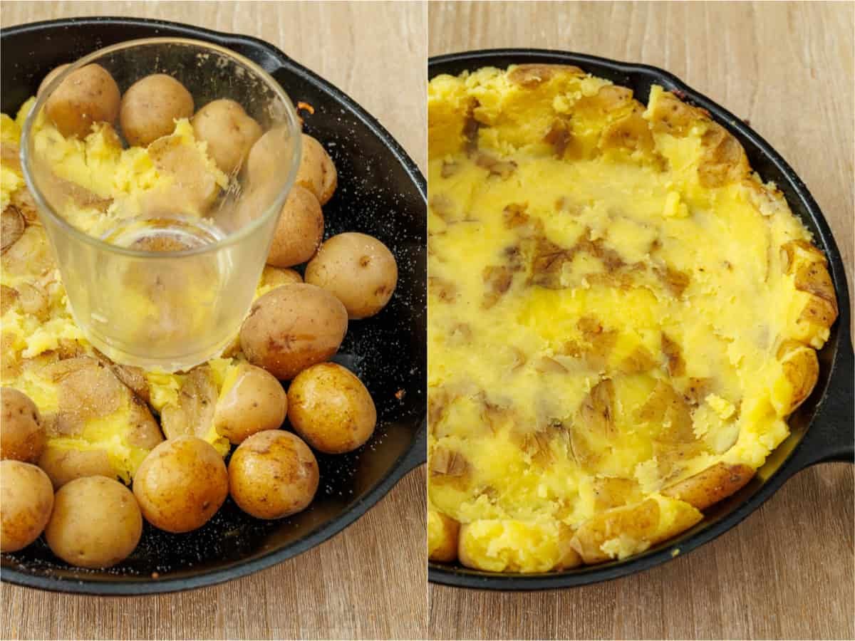 How to make a Potato Crust Quiche How to make a smashed potato quiche crust. Add boiled baby Yukon potatoes in a single layer, smash potatoes with a cup or glass and bring the potatoes up the side of the cast iron pan, spread to form a complete crust without holes so you can fill with the egg and cream filling.