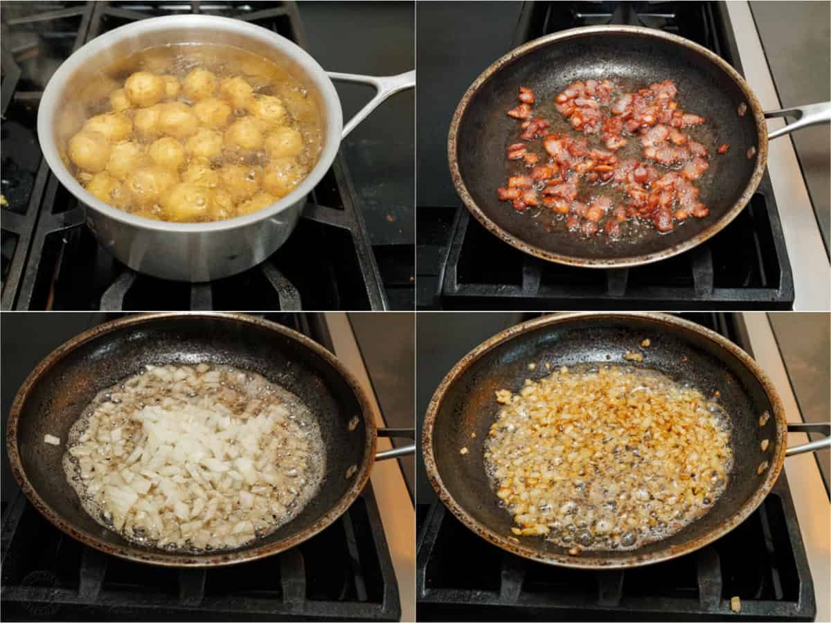 How to make a Potato Crust Quiche How to prepare Potato Crust Quiche. Boil baby Yukon potatoes, cook bacon and in the same pan, after removing the bacon, sauté chopped onions in the bacon fat.