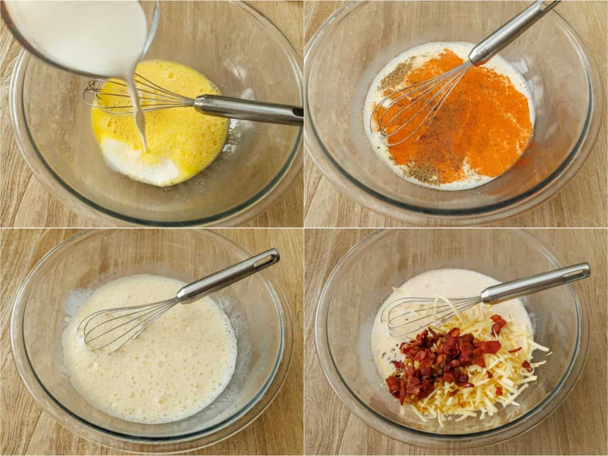 How to make a Potato Crusted Quiche Step by step photos showing how to prepare quiche filling. Combine eggs and half and half, mix to combine, add spices, add cheese. Stir.