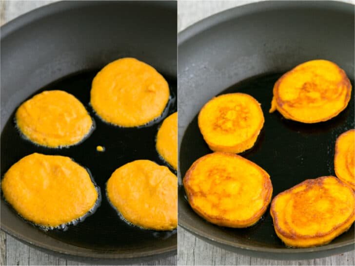 These pumpkin pancakes are so fluffy and the perfect Autumn breakfast. These are easy breakfast pancakes and have wonderful pumpkin flavor. #pumpkinpancakes #pumpkinrecipes Pumpkin pancakes ready to flip in skillet