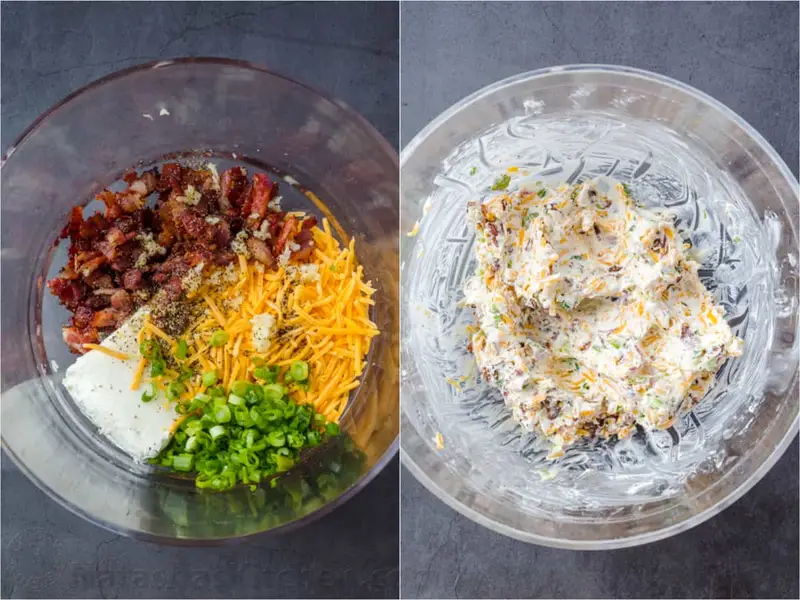 Ingredients for the jalapeno popper filling, cream cheese, mild cheddar cheese, green onion, chopped crispy bacon