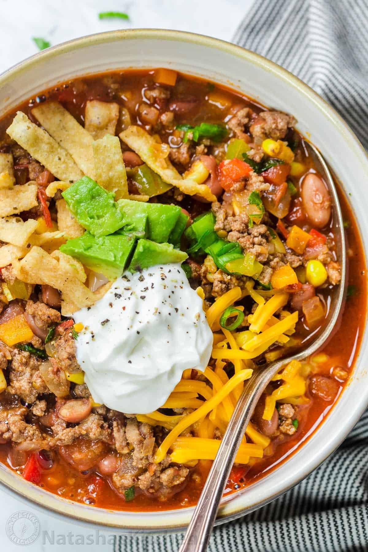 Taco Soup loaded with taco soup toppings